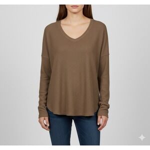 bobi Los Angeles Olive Waffle Knit V Neck Drop shoulder Tee Top Women L-New